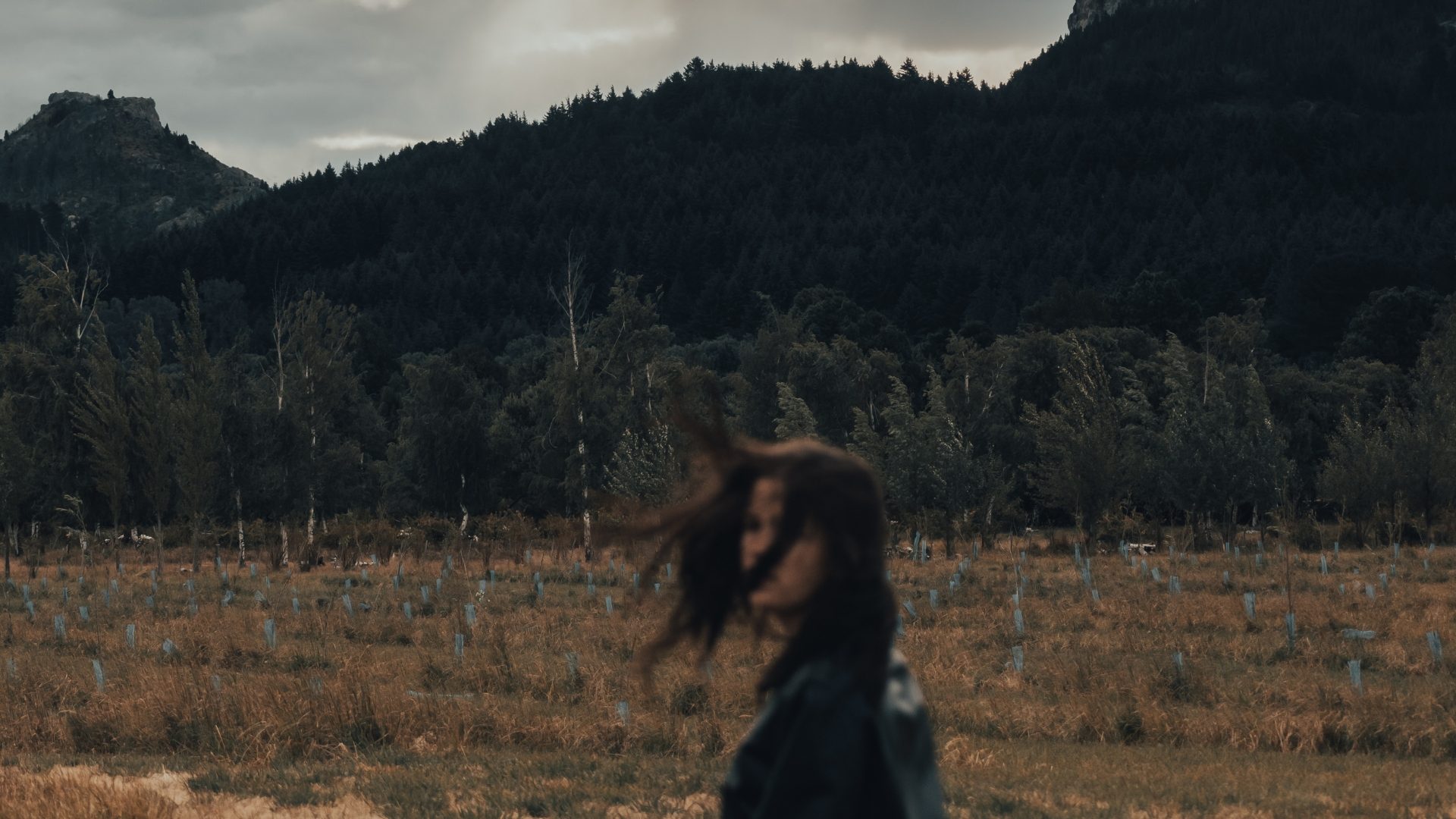 A woman walking through a field below a wooded mountain